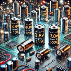 DALL·E 2024 06 16 12.42.34 An image depicting an electronics theme featuring Super Capacitors 3.8V with various capacities like 10F 40F 100F 120F 250F 500F and 750F. The 1
