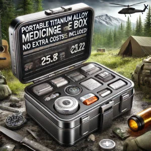 DALL·E 2024 06 17 05.27.12 An image showcasing a Portable Titanium Alloy Medicine Storage Box in a sleek and rugged outdoor setting. The box is prominently displayed highlighti 1