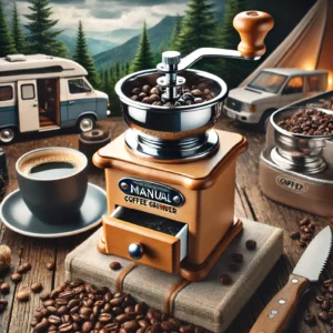 DALL·E 2024 06 17 07.43.46 An image showcasing the Coffee Grinder Manual Portable Mini Folding. The grinder is prominently displayed highlighting its stainless steel burr and c 1