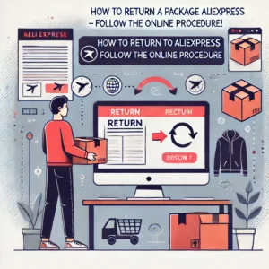 DALL·E 2024 06 17 18.57.20 An image showing a person returning a package to AliExpress with icons of a computer a return label and a parcel. The background includes elements 1