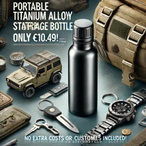 DALL·E 2024 06 18 05.30.01 An image showcasing a Portable Titanium Alloy Mini Waterproof Storage Bottle. The bottle is prominently displayed highlighting its sleek design and c 1