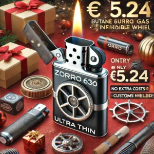 DALL·E 2024 06 18 05.33.40 An image showcasing the Zorro 636 Metal Ultra Thin Butane Gas Inflatable Grinding Wheel Lighter. The lighter is prominently displayed highlighting it 1