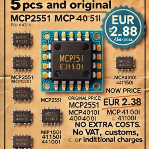 DALL·E 2024 06 19 07.41.35 A high quality image of 5PCS New and Original MCP2551 MCP2551I MCP41010 41010I 41050I 41100I SOP 8. Include a price tag with Original price EUR 3.38 1