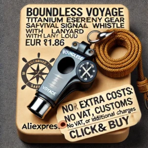 DALL·E 2024 06 20 05.35.26 A high quality image of the Boundless Voyage Titanium Emergency Survival Safety Gear Camping Signal Whistle with Lanyard Loud. Include a price tag wit 1