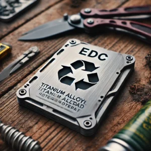 DALL·E 2024 06 20 07.39.19 A high quality image of the EDC Titanium Alloy Notepad showing its portable and recyclable design. The notepad should be presented in an outdoor sett 1