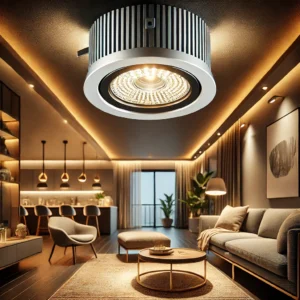DALL·E 2024 06 20 07.45.01 An indoor scene showcasing an Aluminum Surface Mounted Downlight 220V LED Spot Light. The lighting fixture is round sleek and modern illuminating a 11