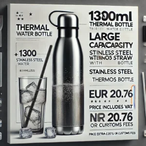 DALL·E 2024 06 20 08.16.21 An image showcasing the 1300ML Thermal Water Bottle Large Capacity With Straw Stainless Steel Thermos Bottle. The bottle is sleek and modern made o 1