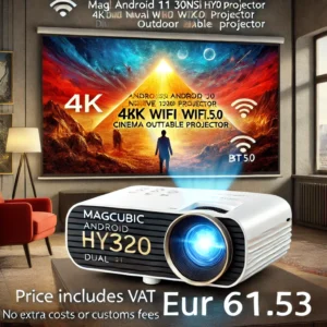 DALL·E 2024 06 21 05.07.48 An image showcasing the Magcubic Android 11 390ANSI HY320 Projector 4K Native 1080P Dual Wifi6 BT5.0 Cinema Outdoor Portable Projector. The projecto 1