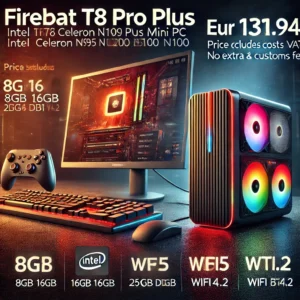 DALL·E 2024 06 21 05.25.04 An image showcasing the FIREBAT T8 Pro Plus Mini PC Intel Celeron N5095 N100 Desktop Gaming Computer 8GB 16GB 256GB 512GB DDR4 DDR5 WIFI5 BT4.2. The 1