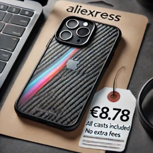 DALL·E 2024 06 21 05.46.21 A sleek and stylish carbon fiber TPU phone case for iPhone 13 Pro Max displayed on a modern background. The image includes AliExpress branding and a p 1