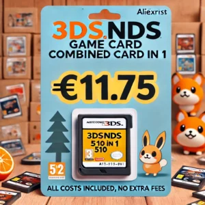 DALL·E 2024 06 21 06.04.14 An image of a 3DS NDS Game Card Combined Card 510 In 1 displayed prominently. The background features AliExpress branding with a price tag showing E11 1