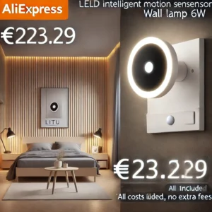 DALL·E 2024 06 21 06.07.08 An image of the Litu LED Intelligent Motion Sensor Wall Lamp 6W. The lamp is shown installed in a bedroom and hallway setting highlighting its sleek 19