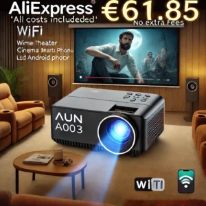 DALL·E 2024 06 21 06.12.05 An image of the AUN A003 MINI Projector WIFI Portable Home Theater Cinema Beamer Smart TV Sync Android Phone LED Projector. The projector is shown in 1 1 17