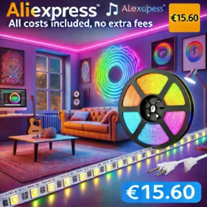 DALL·E 2024 06 21 06.20.55 An image of the TUYA Neon LED Strip Lights in a vibrant room setting highlighting its RGBIC Dreamcolor and Music Sync features. The strip lights are 13