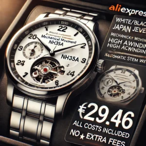 DALL·E 2024 06 21 06.35.33 An image of the White Black Calendar Japan 24 Jewels NH35A Mechanical Movement High Accuracy Winding NH35 Automatic Self winding Stem Set watch. The w 1 7