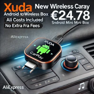 DALL·E 2024 06 21 07.52.16 An image of the XUDA NEW Wireless CarPlay Android Auto Wireless Adapter Smart Mini Box. The device is shown plugged into a cars dashboard displaying 21