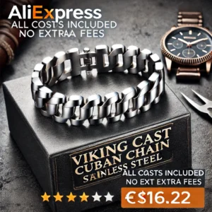 DALL·E 2024 06 21 08.04.15 An image of a Viking Cast Cuban Chain Mens Bracelet in stainless steel with a fine polished finish. The bracelet is displayed in a stylish setting 19