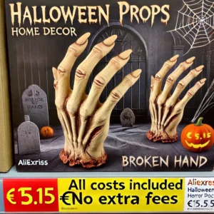 DALL·E 2024 06 21 08.13.50 An image of Halloween Horror Props Home Decor Broken Hands. The spooky latex hand is displayed in a Halloween themed setting emphasizing its creepy a 17
