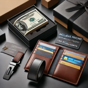 DALL·E 2024 06 22 05.22.57 A sleek and stylish mens wallet with a money clip slim leather slots credit card holder and RFID blocking feature displayed with a gift box. The s 1
