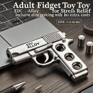 DALL·E 2024 06 22 05.30.22 An adult fidget toy for stress relief showcasing an EDC alloy fingertip toy in the shape of a pistol. The setting should be modern and appealing wit 1