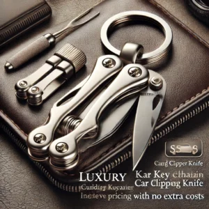 DALL·E 2024 06 22 05.36.08 A luxury keychain car key ring holder with a folding clipper knife displayed as an EDC tool. The setting should be elegant and sophisticated showcas 1