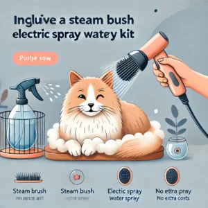 DALL·E 2024 06 22 05.45.48 A cat being groomed with a steam brush electric spray water spray kit. The scene should be cozy and appealing showing a happy and relaxed cat enjoyin 1
