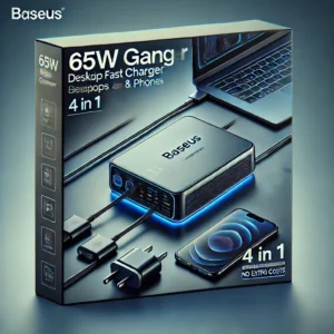 DALL·E 2024 06 22 05.50.55 A Baseus 65W GaN Charger a desktop fast charger with 4 in 1 functionality designed for laptops and phones displayed prominently. The setting should 3