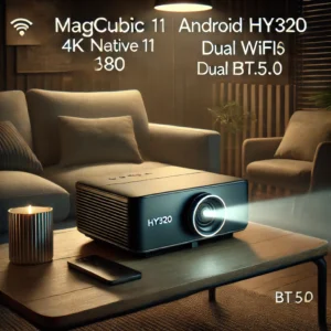 DALL·E 2024 06 22 05.54.45 A sleek and modern Magcubic Android 11 390ANSI HY320 Projector showcasing its 4K Native 1080P resolution dual Wifi6 and BT5.0 features. The setting 1