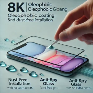 DALL·E 2024 06 22 05.59.04 A screen protector being applied to an iPhone showcasing the new 8K oleophobic coating and anti spy glass features. The setting should be clean and m 1