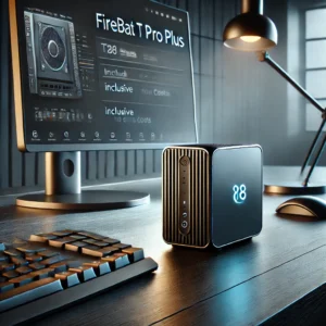 DALL·E 2024 06 22 06.07.22 A sleek and modern FIREBAT T8 Pro Plus Mini PC showcasing its compact design and advanced features. The setting should be a modern desktop setup with 1
