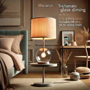 DALL·E 2024 06 22 06.17.08 A stylish and modern Macaron Glass Table Lamp with trichromatic dimming perfect for creating a cozy living room atmosphere or as a bedside decor. The 1