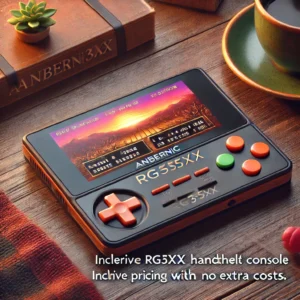 DALL·E 2024 06 22 06.25.43 An ANBERNIC RG35XX handheld console with a 3.5 inch IPS screen showcasing its retro design and vibrant display. The setting should be a cozy gaming e 1