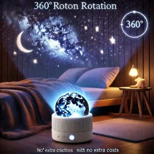 DALL·E 2024 06 22 06.32.50 A night light galaxy projector that projects a starry sky showcasing its 360° rotation feature. The setting should be a cozy bedroom with the project 1