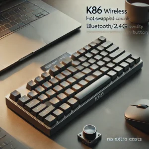 DALL·E 2024 06 22 06.35.45 A sleek K86 wireless hot swappable mechanical keyboard with Bluetooth 2.4g connectivity featuring a display screen and volume rotary button. The sett 1