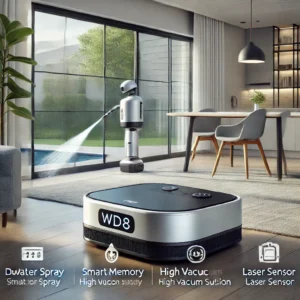 DALL·E 2024 06 22 06.41.26 A sleek ABIR WD8 Robot Window Cleaner in action showcasing its dual water spray smart memory high vacuum suction and laser sensor features. The se 1