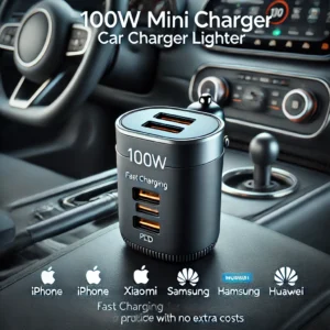 DALL·E 2024 06 22 06.43.44 A sleek and compact 100W Mini Car Charger Lighter showcasing its fast charging capabilities for iPhone Xiaomi Samsung and Huawei devices. The sett 1