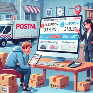 DALL·E 2024 06 23 06.24.23 A customer service interaction showing a package tracking issue with AliExpress and a delivery problem with PostNL. The scene includes a computer scre 1