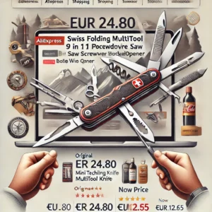 DALL·E 2024 06 23 14.41.00 A professional and eye catching banner image for a blog about a popular AliExpress product the SWISS TECH Mini Folding Multitool Knife 9 In 1 EDC Out 1
