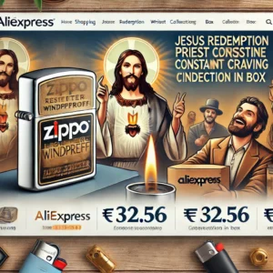 DALL·E 2024 06 23 14.44.26 A professional and eye catching banner image for a blog about a popular AliExpress product the Zippo lighter Jesus Redemption Priest Constantine Crav 1
