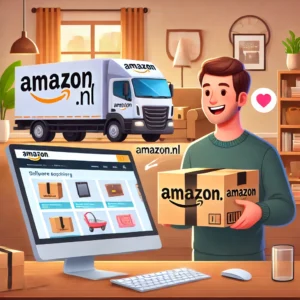 DALL·E 2024 06 23 17.43.24 A customer happily receiving a package from Amazon.nl . The scene includes a delivery truck with Amazons logo a customer holding a package and a com 9