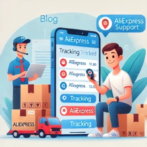 DALL·E 2024 06 24 04.53.59 A blog illustration showing an AliExpress package being tracked. The scene includes a mobile phone with the AliExpress app open displaying tracking in 35