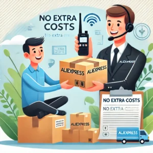 DALL·E 2024 06 24 05.16.14 An illustration showing a happy customer receiving an AliExpress package with a mini walkie talkie. The setting is bright and cheerful emphasizing a 31