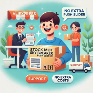 DALL·E 2024 06 24 05.19.37 An illustration showing a happy customer receiving an AliExpress package with the STOCK MOT Sky Breaker Push Slider. The setting is bright and cheerfu 29
