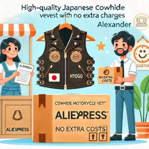 DALL·E 2024 06 24 05.23.12 An illustration showing a happy customer receiving an AliExpress package with a high quality Japanese Hyogo Cowhide motorcycle vest. The setting is br 27