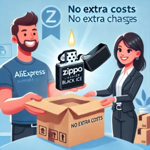 DALL·E 2024 06 24 05.41.47 An illustration showing a happy customer receiving an AliExpress package with a Zippo lighter Black Ice. The setting is bright and cheerful emphasizi 25
