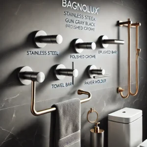DALL·E 2024 06 24 06.35.20 A sleek modern bathroom featuring Bagnolux Stainless Steel Gun Gray Black Polished Chrome Brushed Gold Hanger Hook Towel Bar Paper Holder. The bathro 19