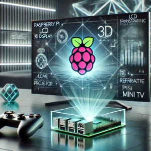 DALL·E 2024 06 24 06.41.06 A futuristic setup featuring a Raspberry Pi LCD 3D Display Transparent Holographic projector Screen Refractive Prism Game Mini TV. The display is set 17