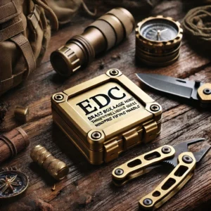 DALL·E 2024 06 24 06.44.46 A rugged outdoor setup featuring the EDC Brass Square Box Large Hinge Thick Shell Windproof Gift Hiking Handle. The scene includes camping gear highl 15