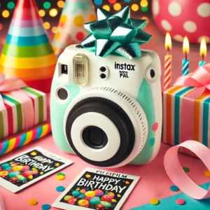 DALL·E 2024 06 24 06.48.06 A vibrant fun scene featuring the Fujifilm Instax Pal Smart Camera. The small and portable mini camera is showcased in a colorful setting ideal for 13