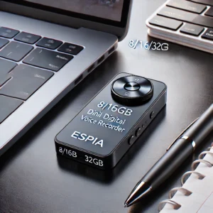 DALL·E 2024 06 24 07.35.23 A sleek and modern setup featuring the 8 16 32GB Activated Mini Digital Voice Recorder Espia. The small voice recorder is showcased on a desk highlig 7